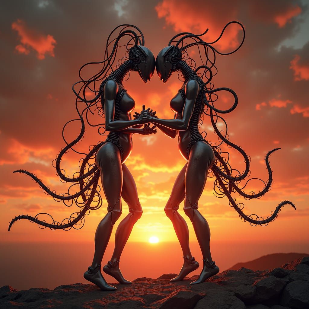 Paperclip Couple's Biomechanical Dance Under Crimson Sunset