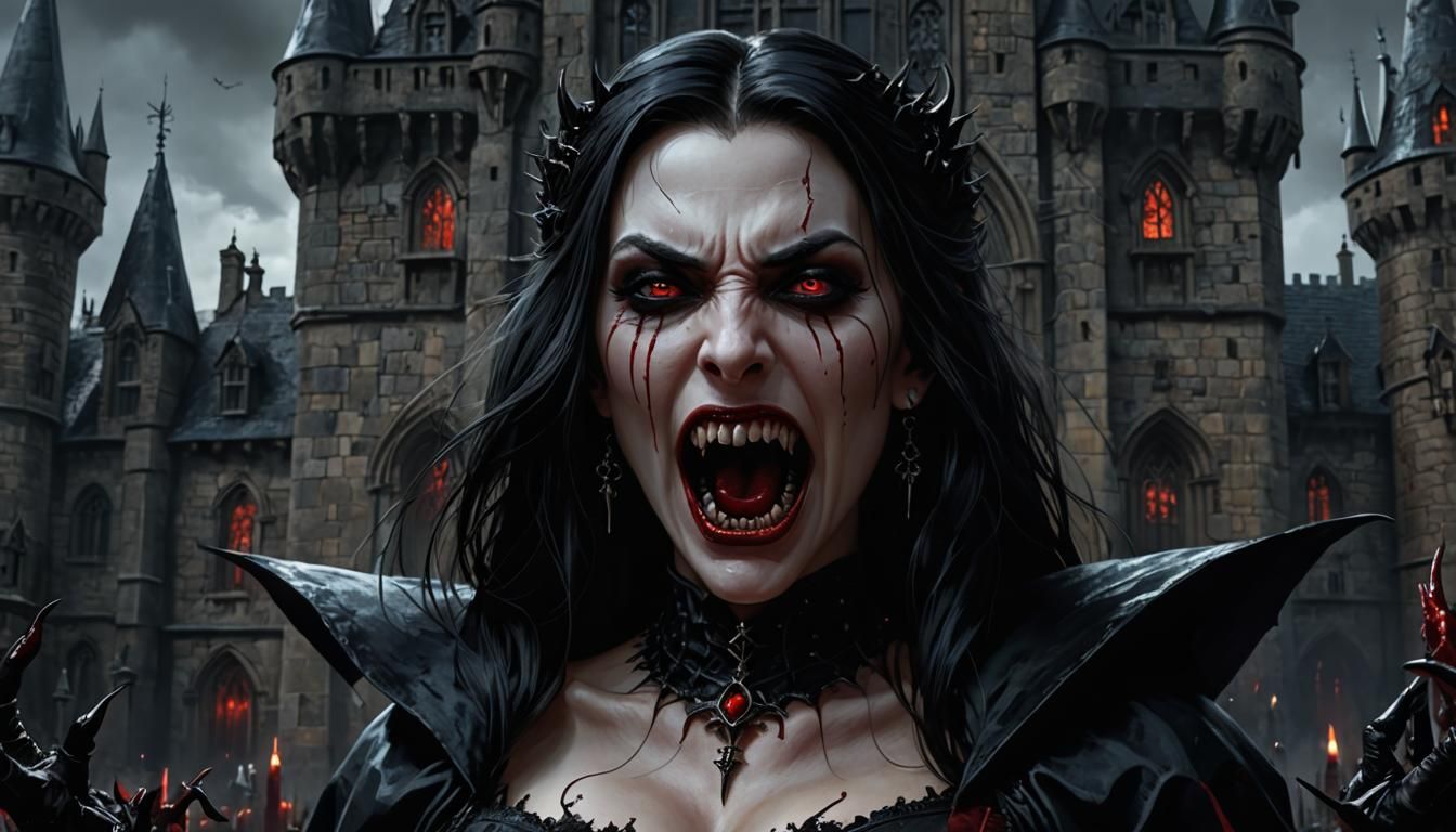 Gothic Vampire Woman with Fangs, Hyperdetailed Dark Fantasy