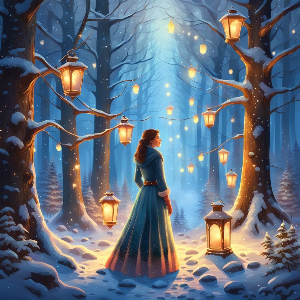 Woman in Snowy Forest with Glowing Lights