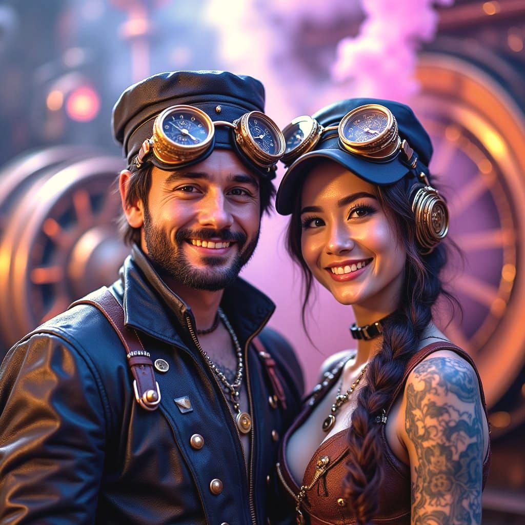 Steampunk Lovers Amidst Neon Retro Futurism