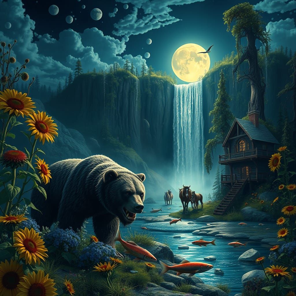 Fantastical Bear and Waterfall Scene in Moody, Dreamlike Sty...