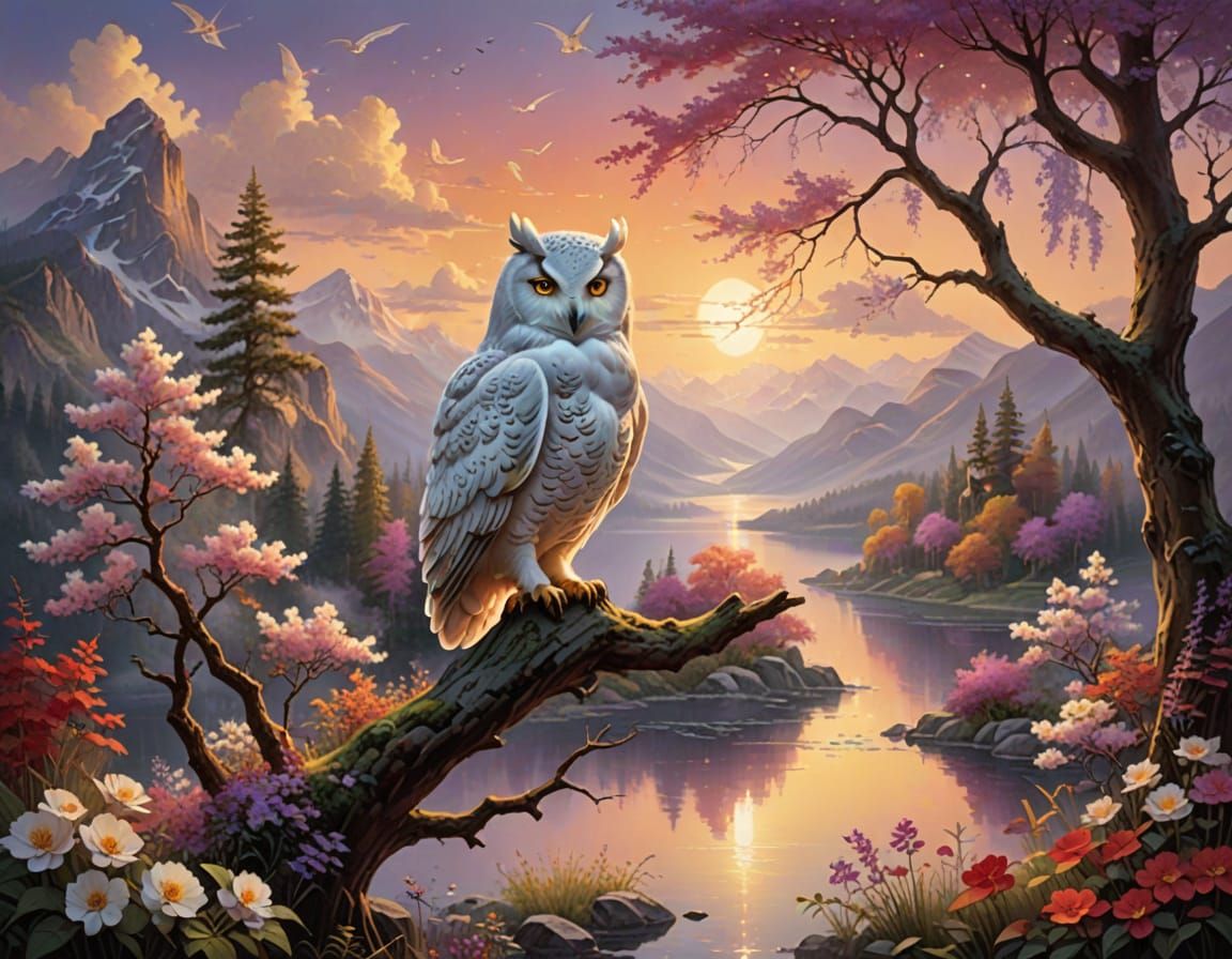 White Owl Perched at Sunset: Ethereal Fantasy Art