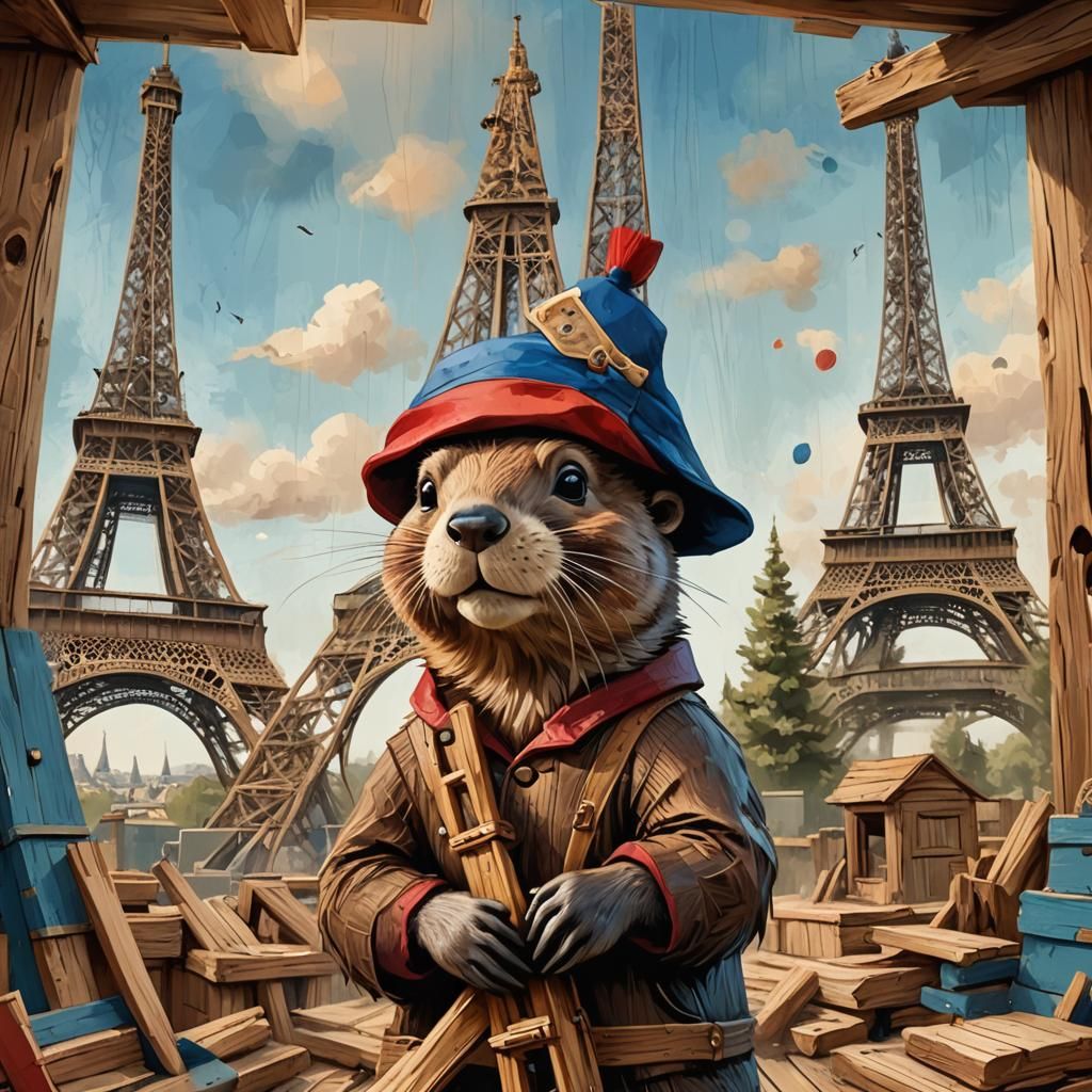 French Beaver Builds Eiffel Tower: Whimsical Digital Art