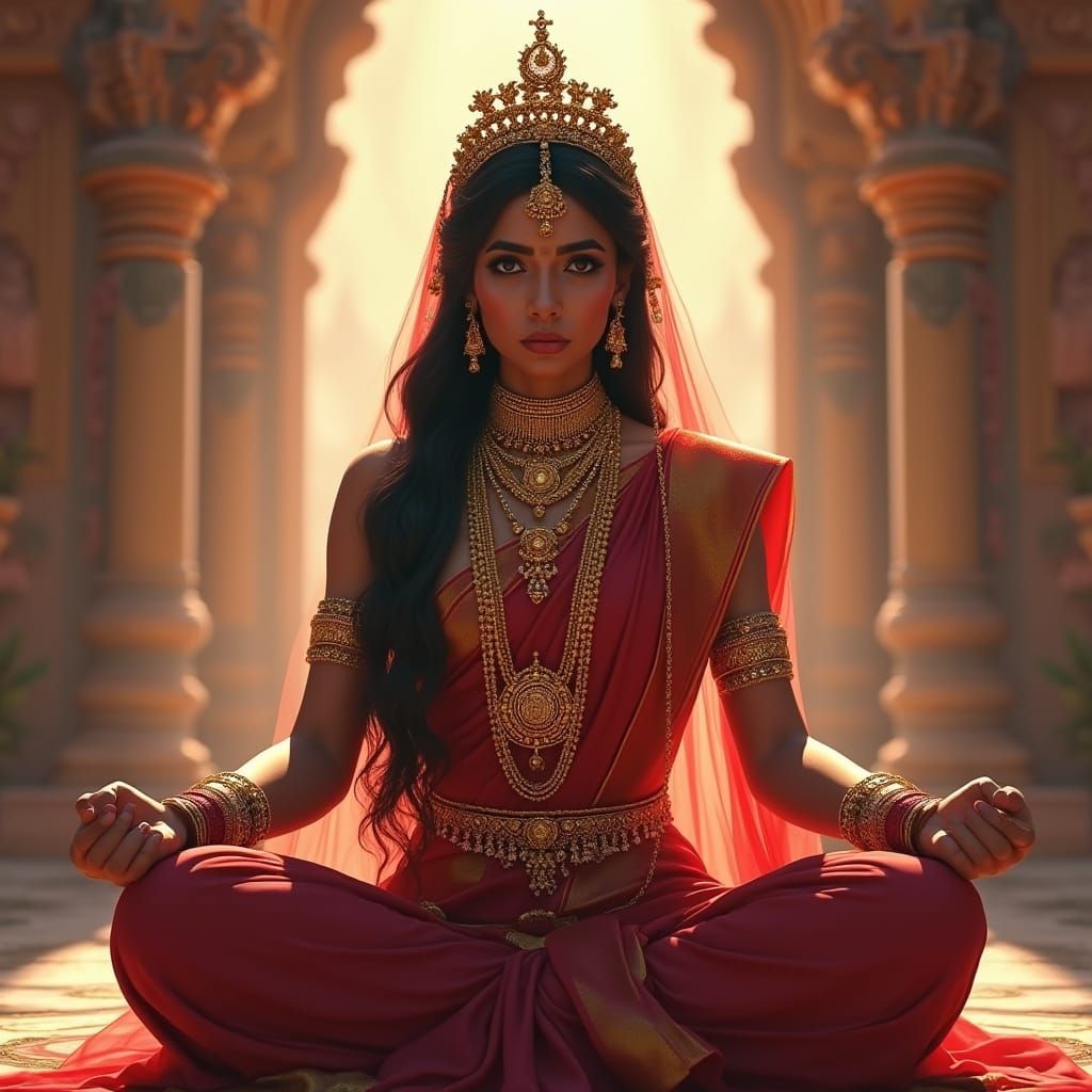 Regal Indian Queen in Vibrant Palace: Fantasy Concept Art