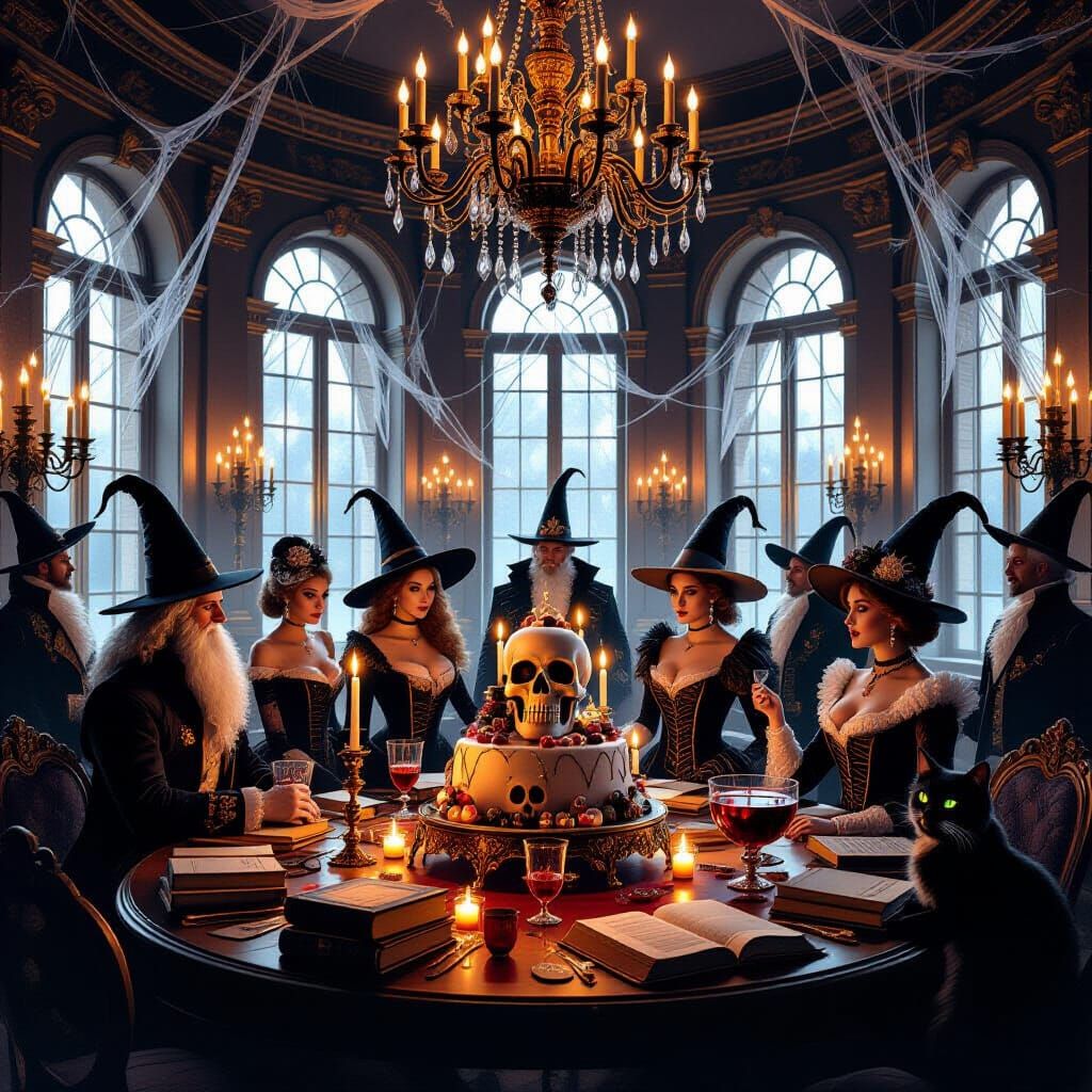 Eerie French Ballroom with Wizards and Spell Books