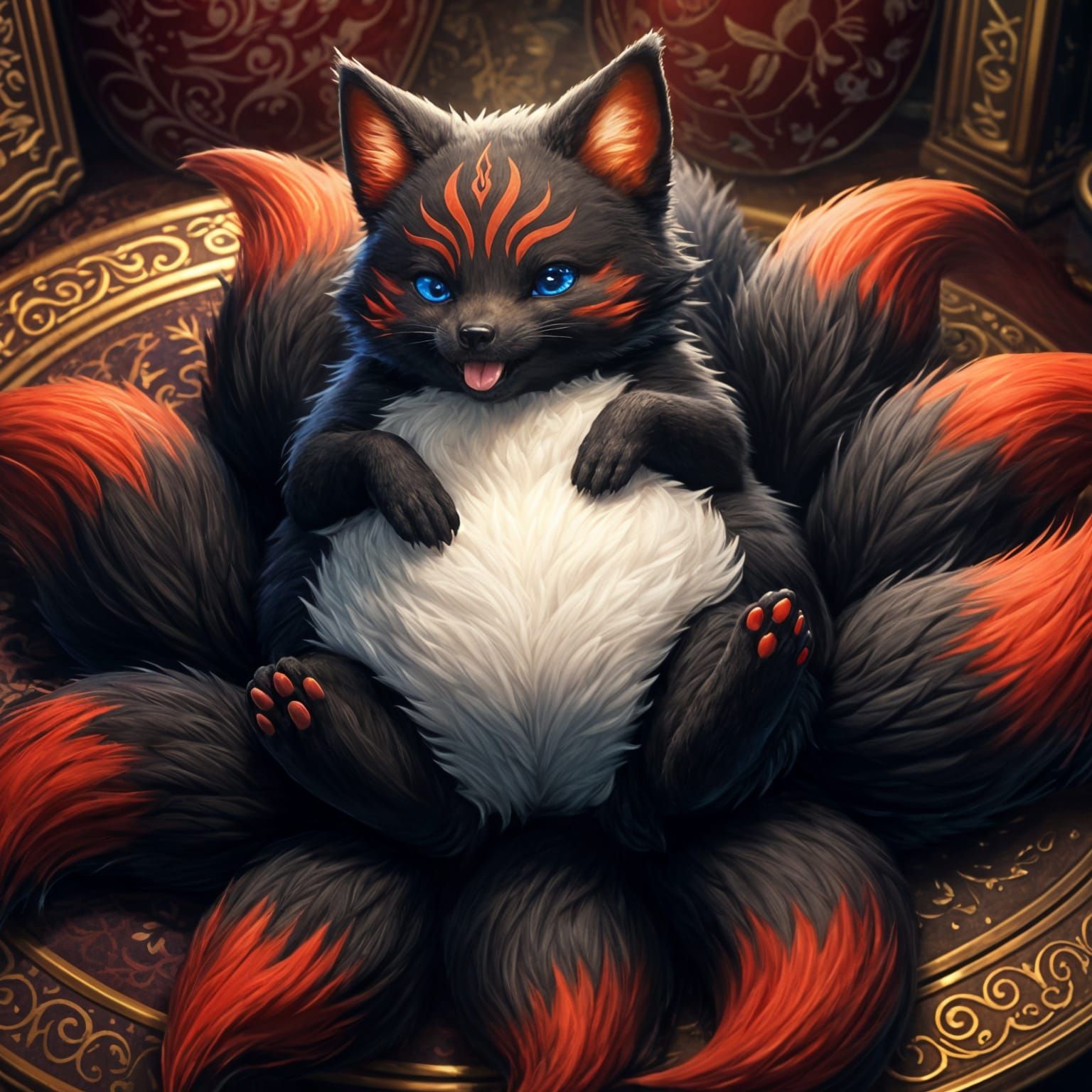 Chubby Kitsune with Nine Tails on Golden Pillow
