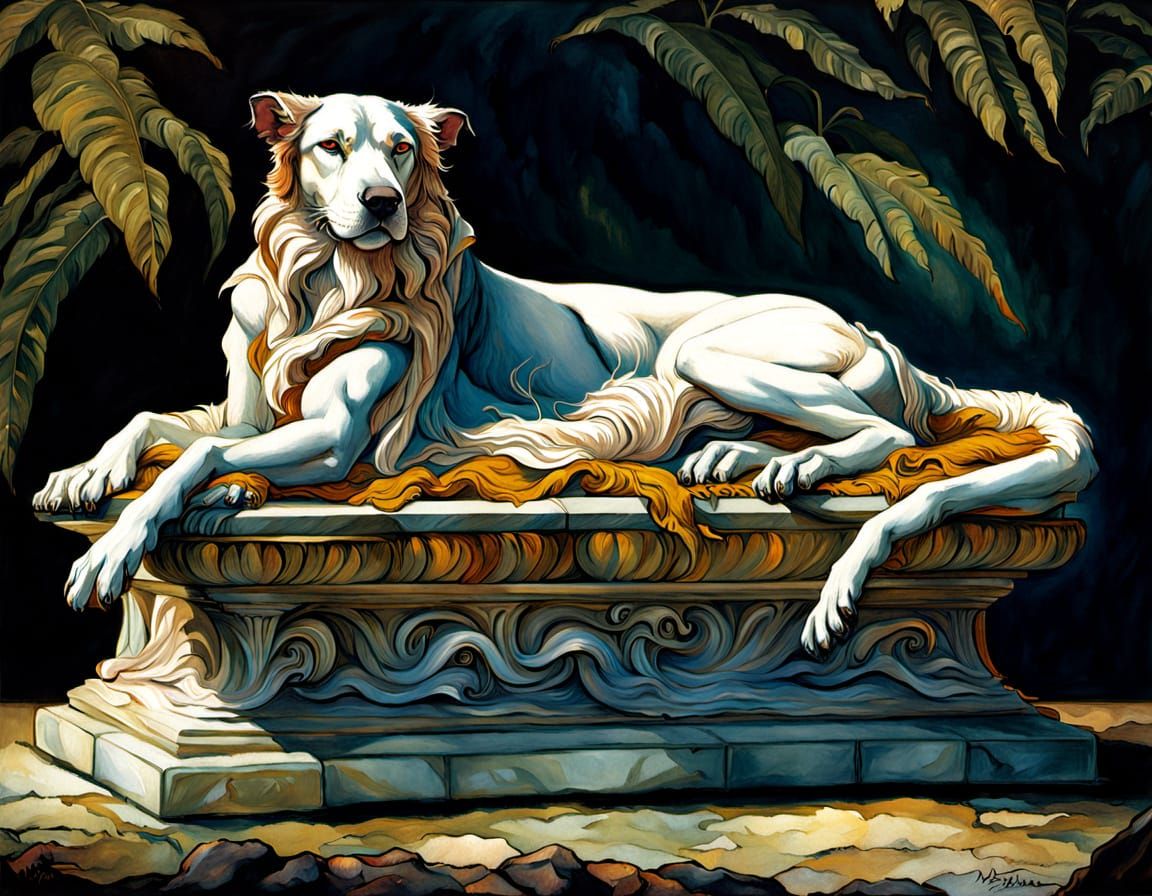 Greek Goddess Aphrodite Basks with Cerberus in a Sun-Drenche...