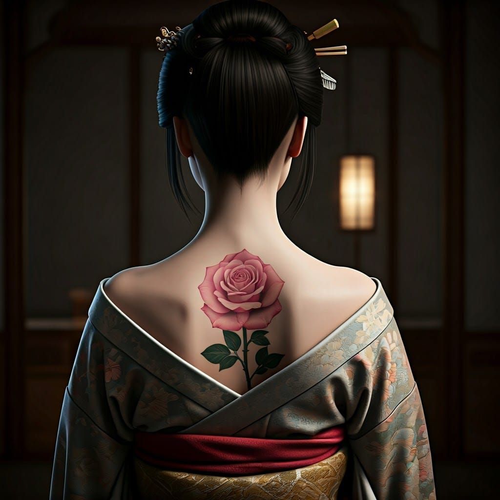 Elegant Japanese Woman with Rose Tattoo in Traditional Kimon...