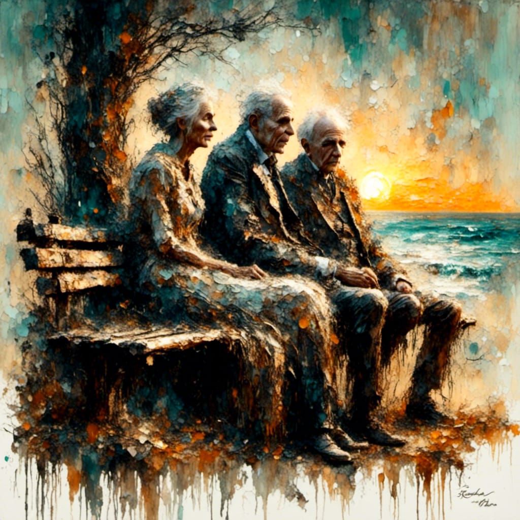 Elderly Couple Watching Sunset: Impasto Oil Painting