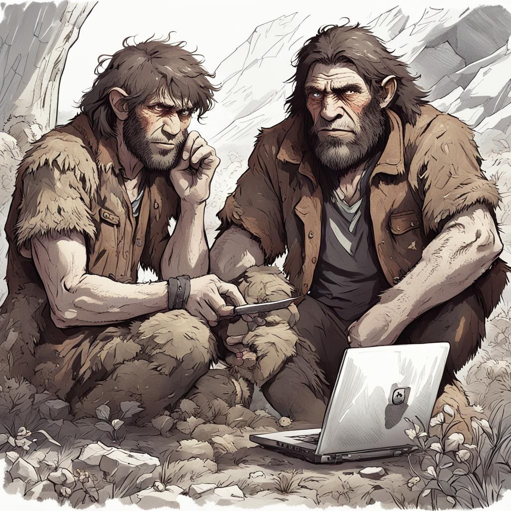 Neanderthal and Homo Sapiens Discover Laptop, in Fantasy Art