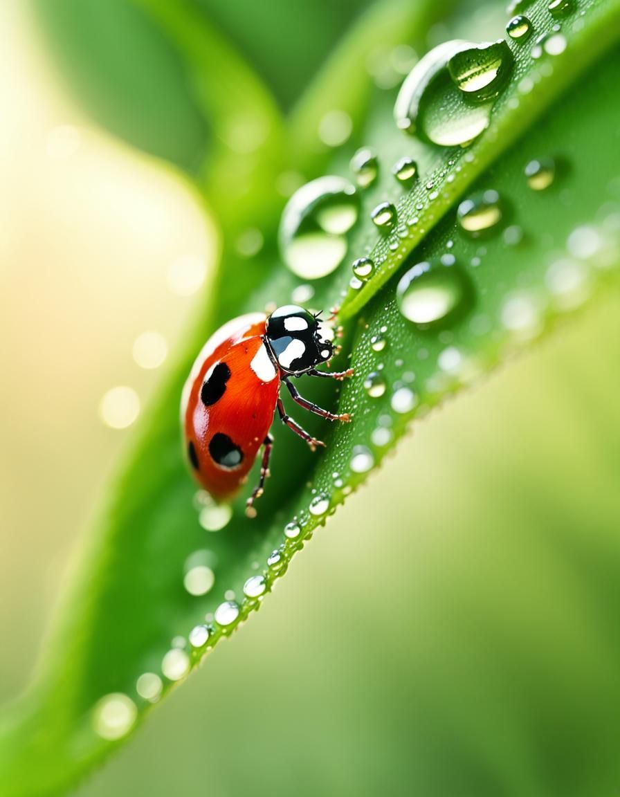 Ladybug perched on a dewy morning leaf