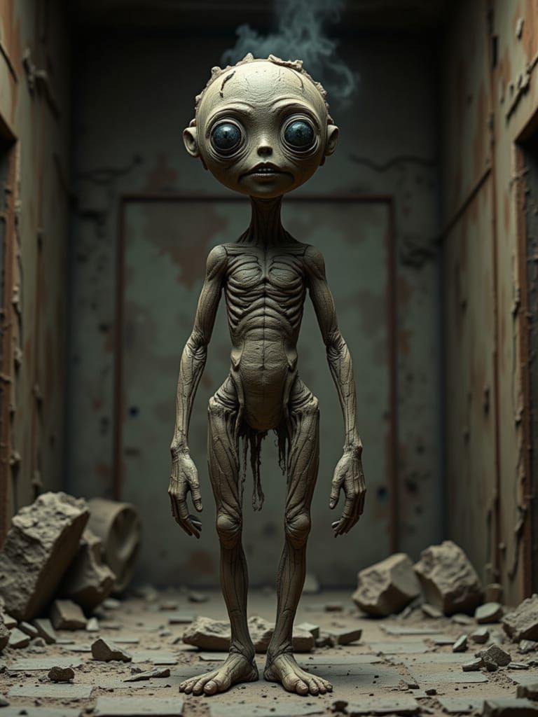 Eerie Claymation Humanoid Figure in Industrial Setting