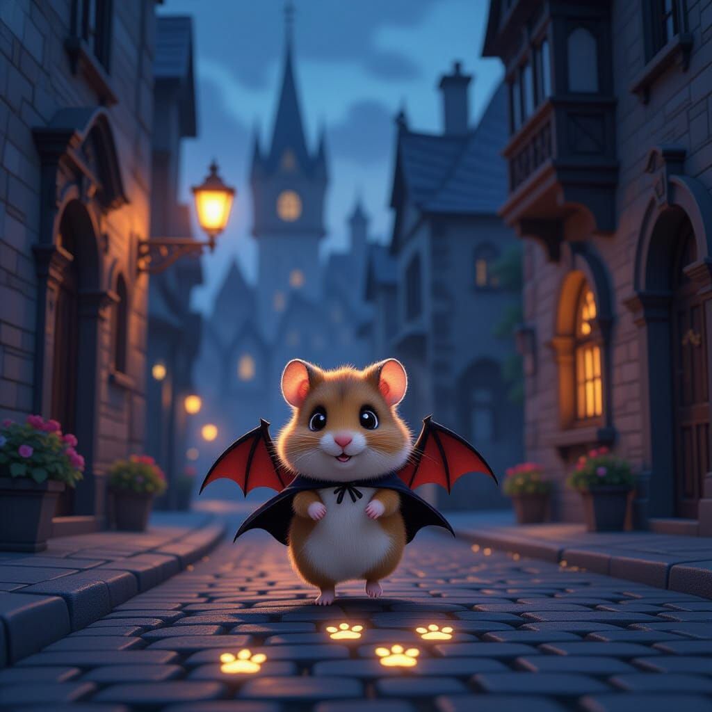 Gothic Cityscape with Bat-Winged Hamster