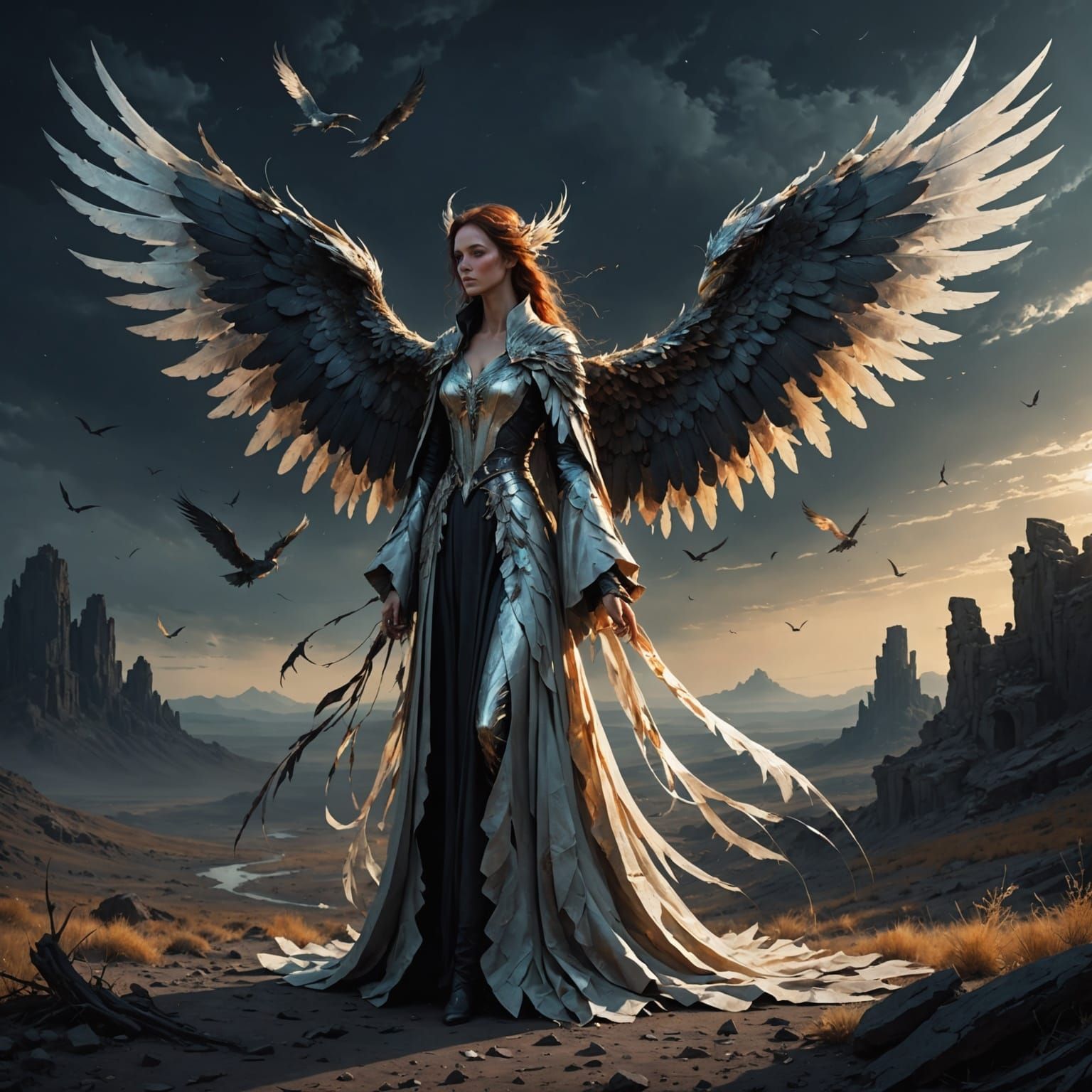 Opalescent Phoenix and Woman in Gothic Landscape