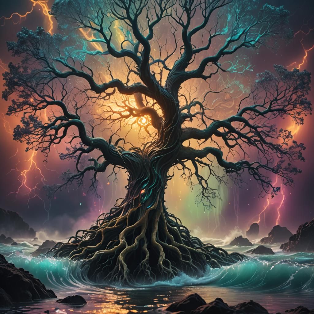 Mystical Tree Emerges from Fantasy Ocean Depths