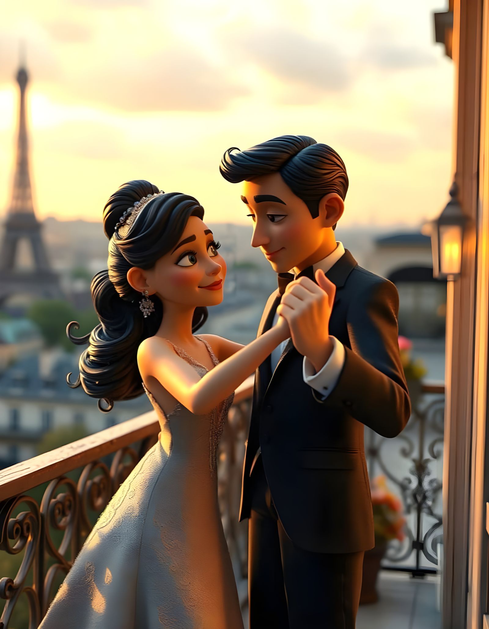Romantic Couple Dancing in Paris, Pixar-Style Claymation