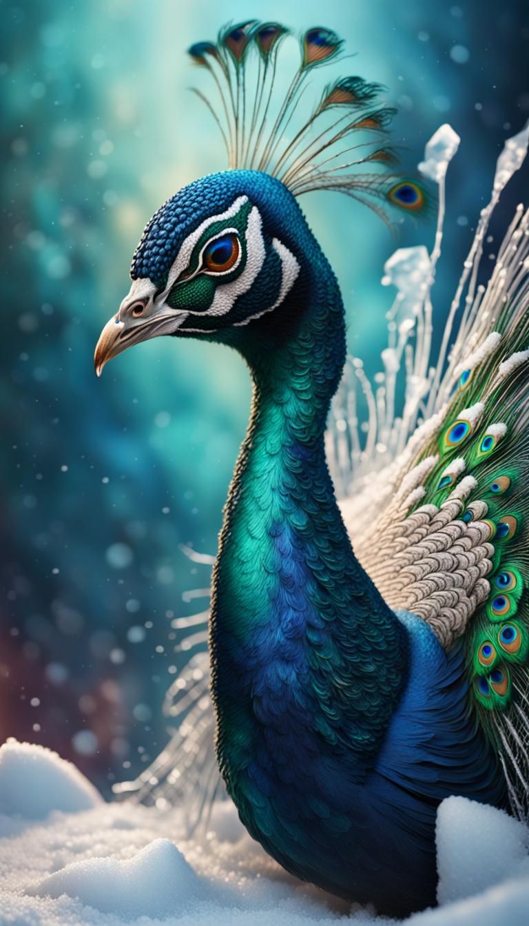 Icy Peacock: Hyperrealistic Splash Art Masterpiece