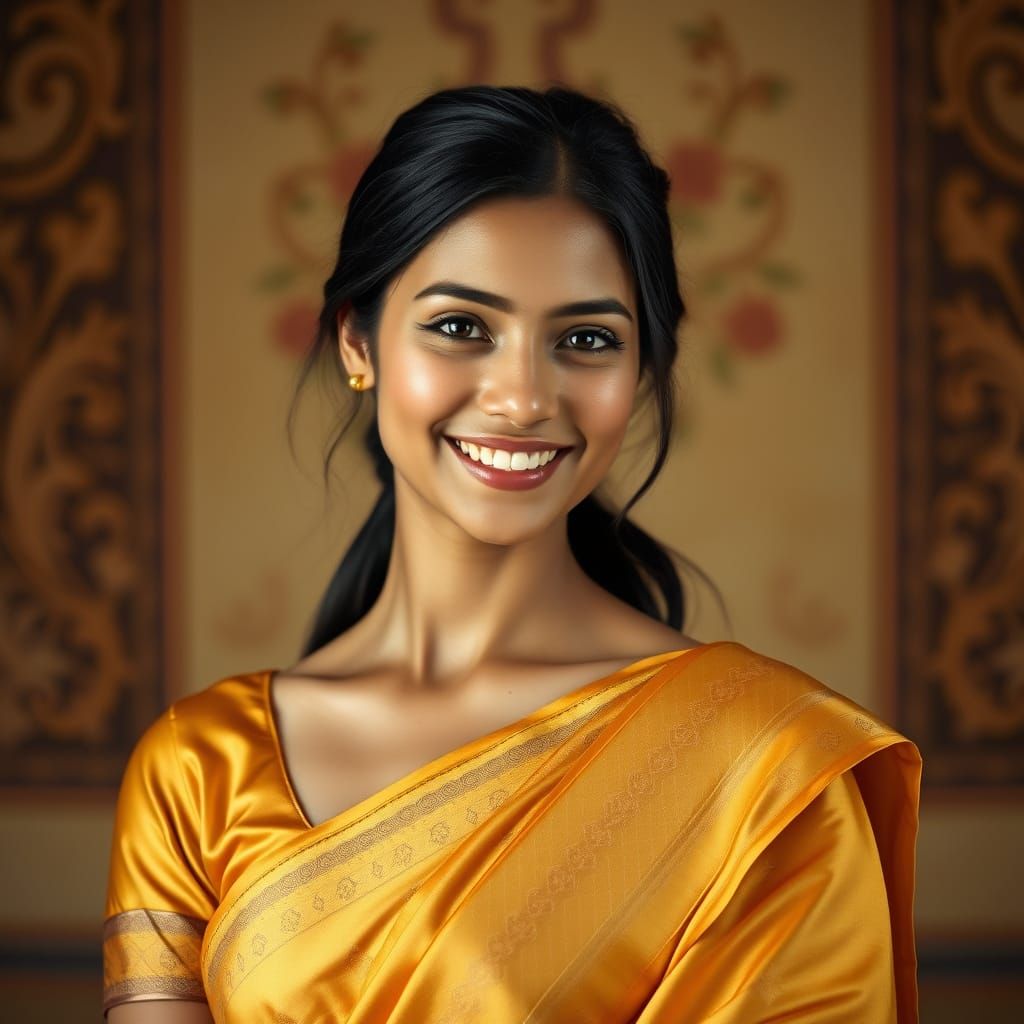 Serene Indian Princess in Golden Saree with Low Ponytail