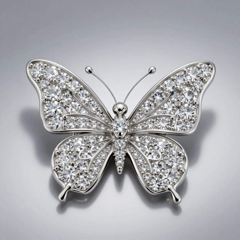 Realistic Diamond Butterfly Brooch in Silver Setting