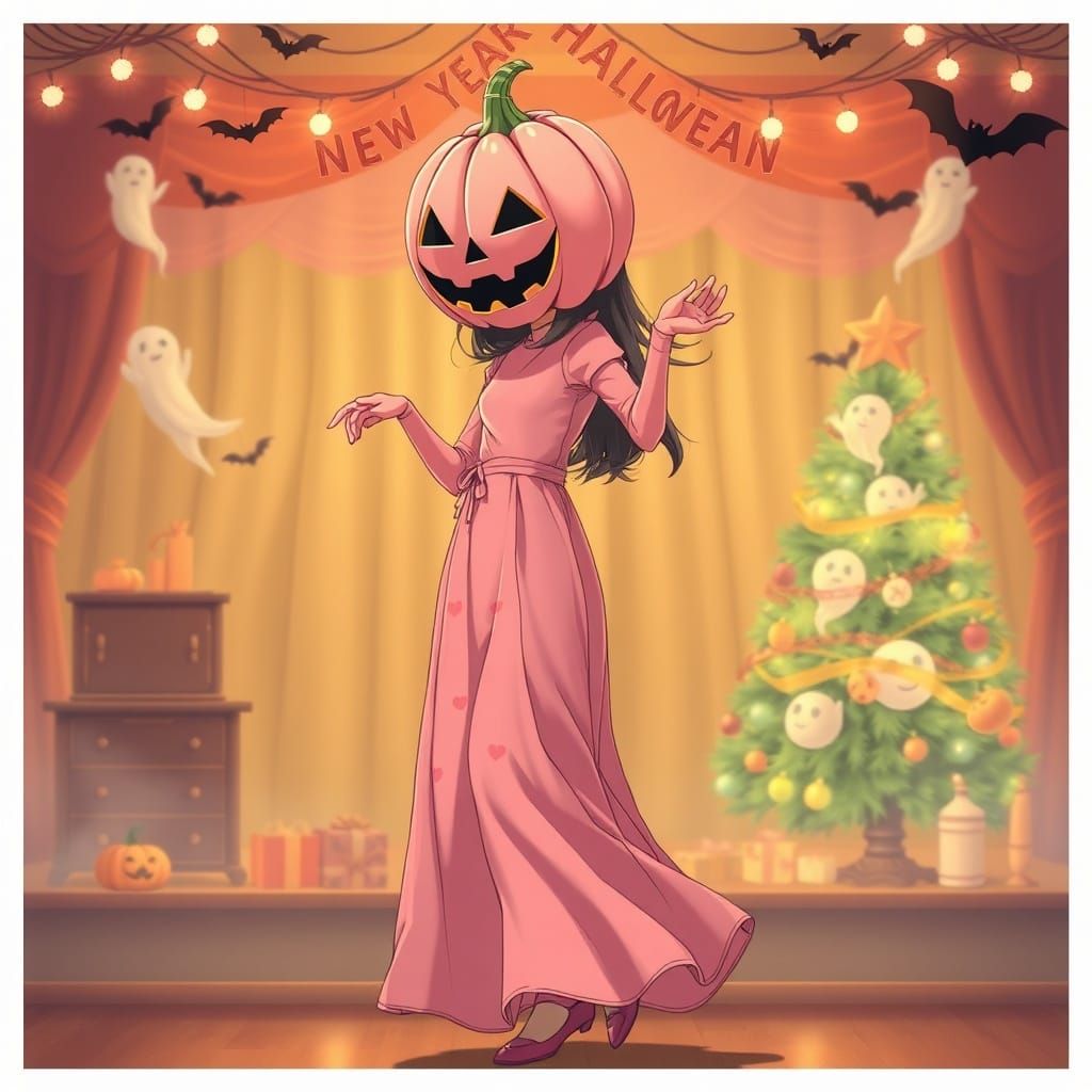 Anime Girl in Pumpkin Mask Dancing at Halloween New Year Par...