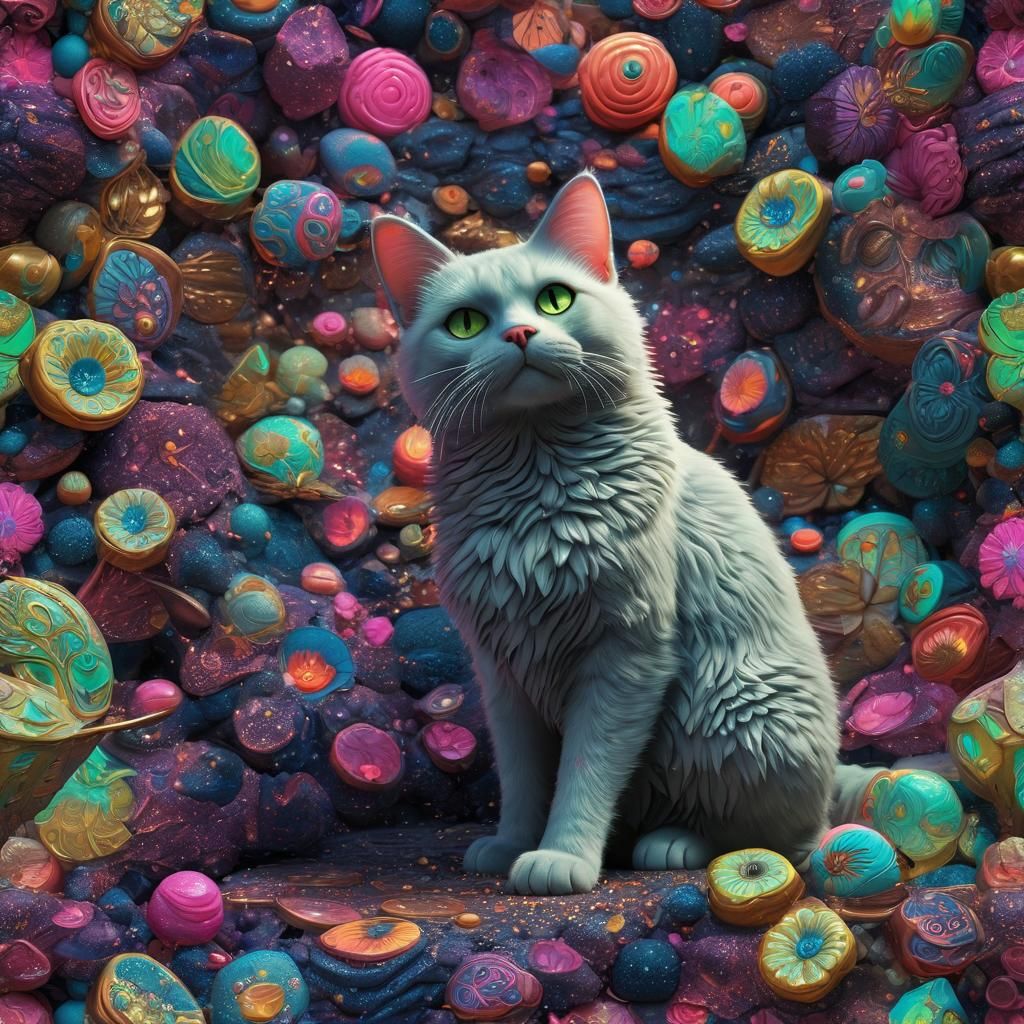Glitter Cat: Cosmic Majolica in Neo-Noir Style