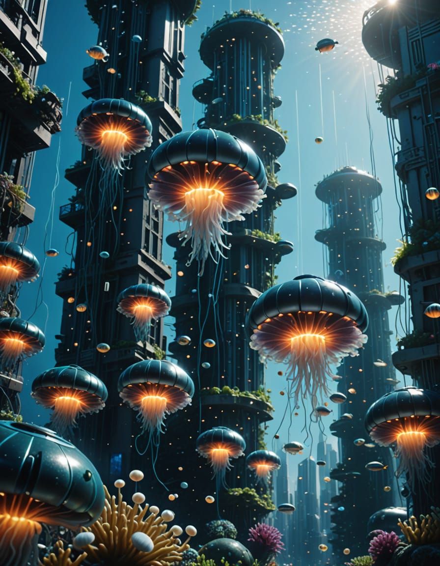 Underwater Cityscape with Submarines in Hyperrealistic Style