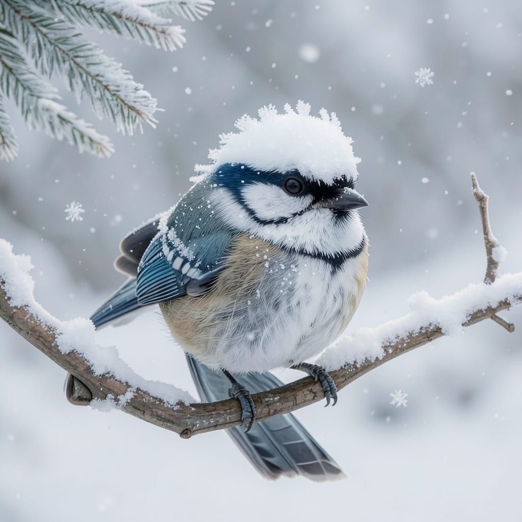 Chickadee on Snowy Branch with Iridescent Snowflakes