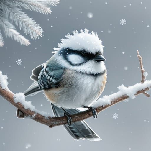 Chickadee on Snowy Branch with Iridescent Snowflakes