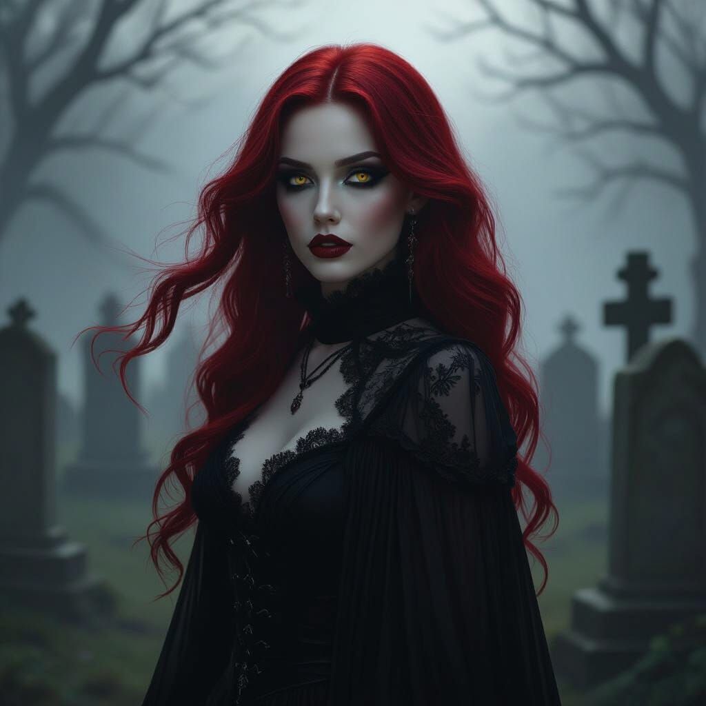Ethereal Gothic Woman in Misty Graveyard