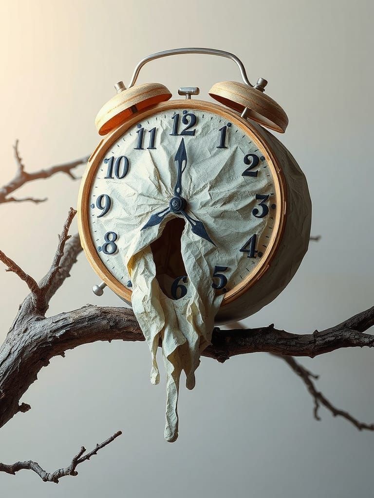 Surreal Paper Sculpture of a Melting Clock on a Tree Branch