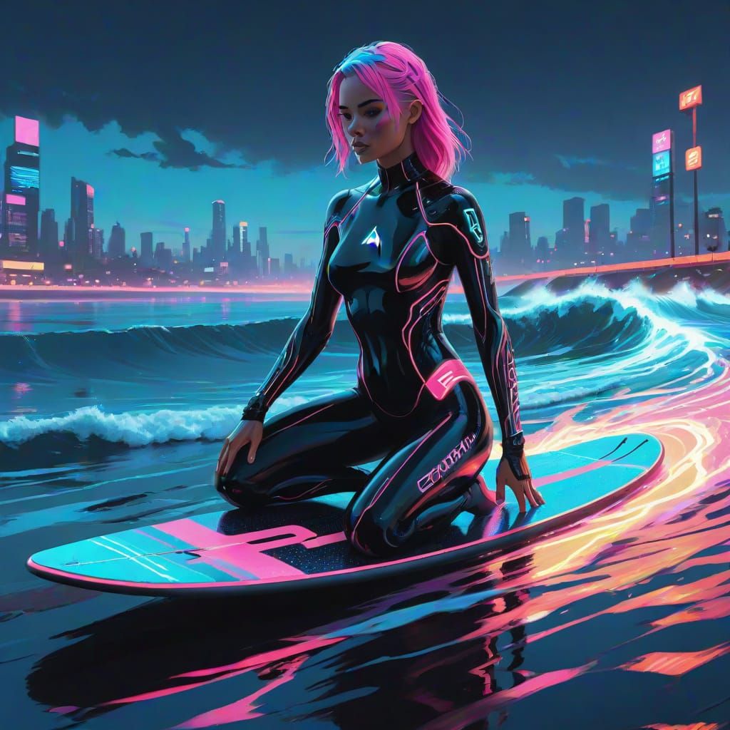 Cyberpunk Surfer Girl Rides Glowing Wave in Neon Noir