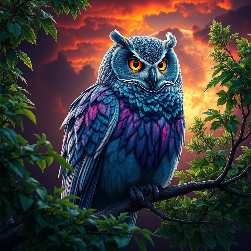 Majestic Nighttime Owl in Iridescent Feathers