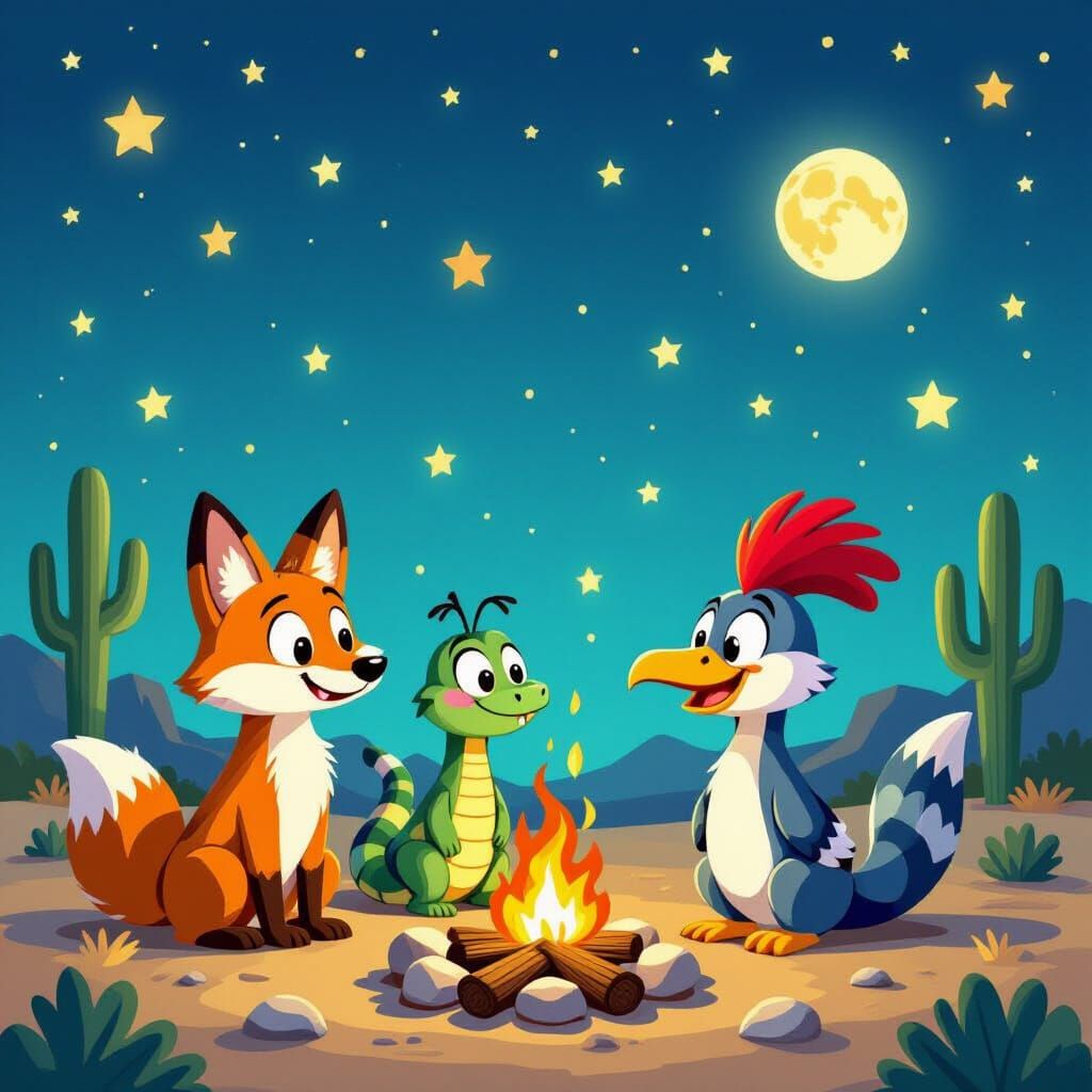 Anthropomorphic Desert Animals Gather Around Campfire Under ...