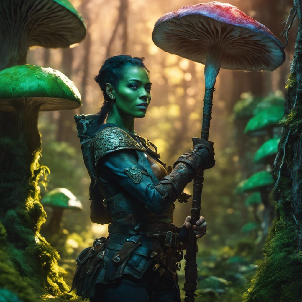 Female Orc Ranger in Bioluminescent Mushroom Forest