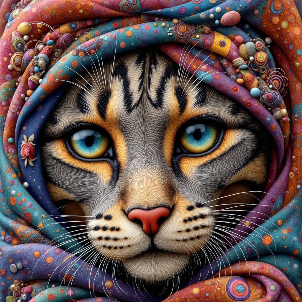 Surreal Cat Portrait in Escher and Kusama Style