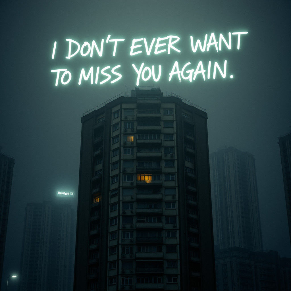 Neon Letters Hover Above Brutalist Apartment Building in Fog...