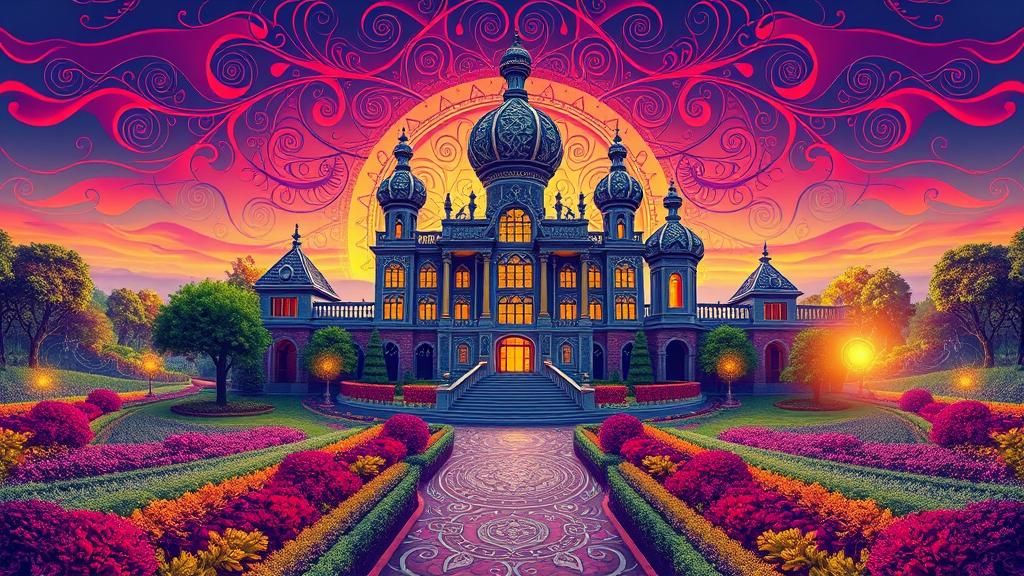 Surreal Palace in Symmetrical Garden at Sunrise