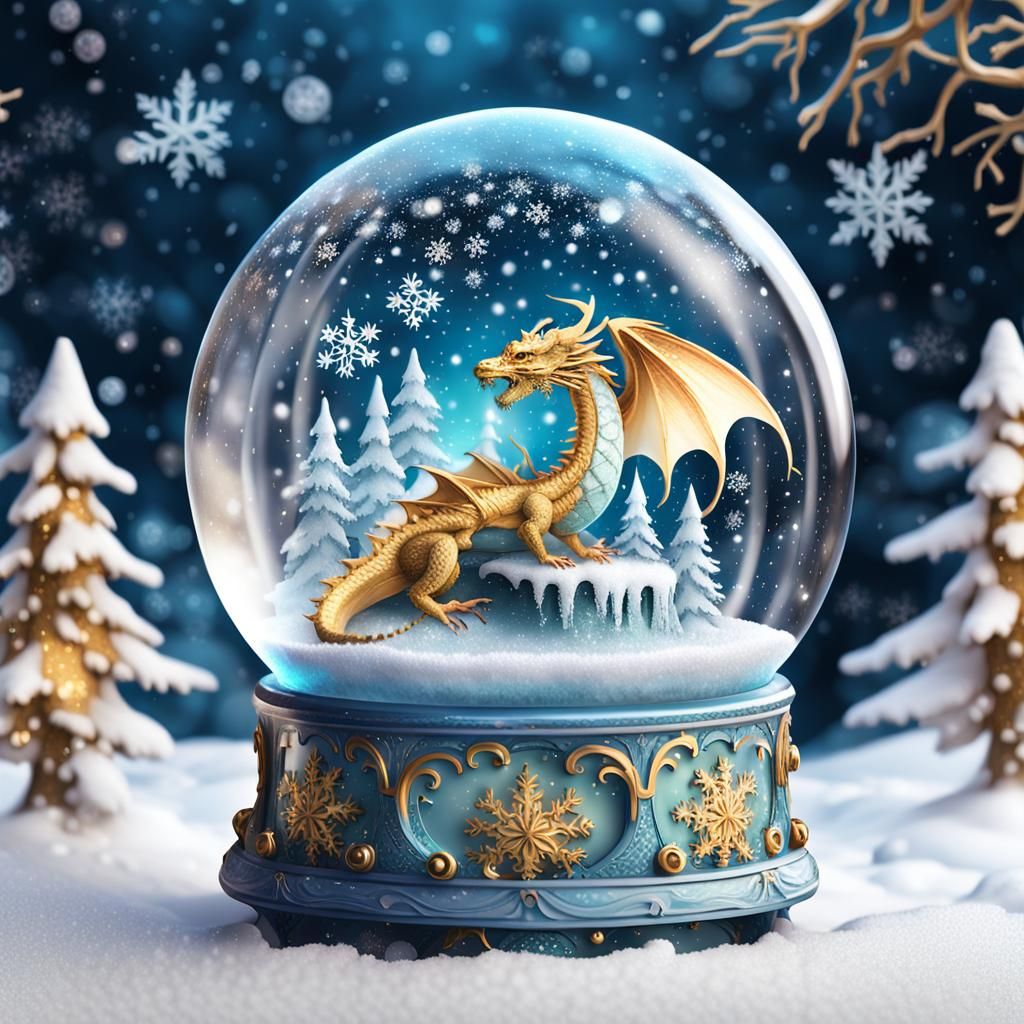 Enchanted Snow Globe: Dragon and Wizard Fantasy Art