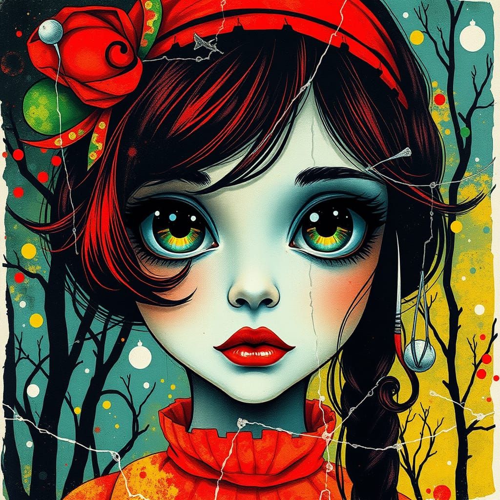 Pop Surrealism Portrait with Big Eyes in Night Forest