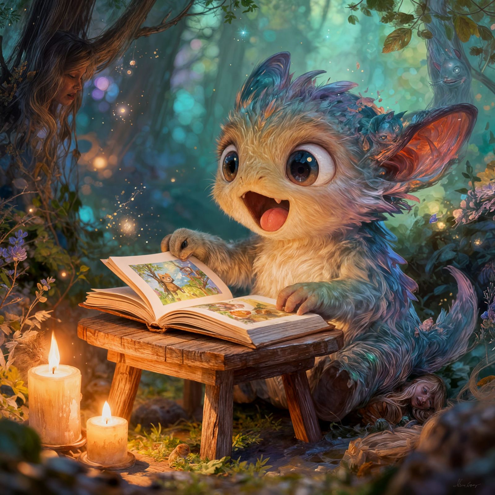 Whimsical Fantasy Creature Reads a Book in Cozy Light