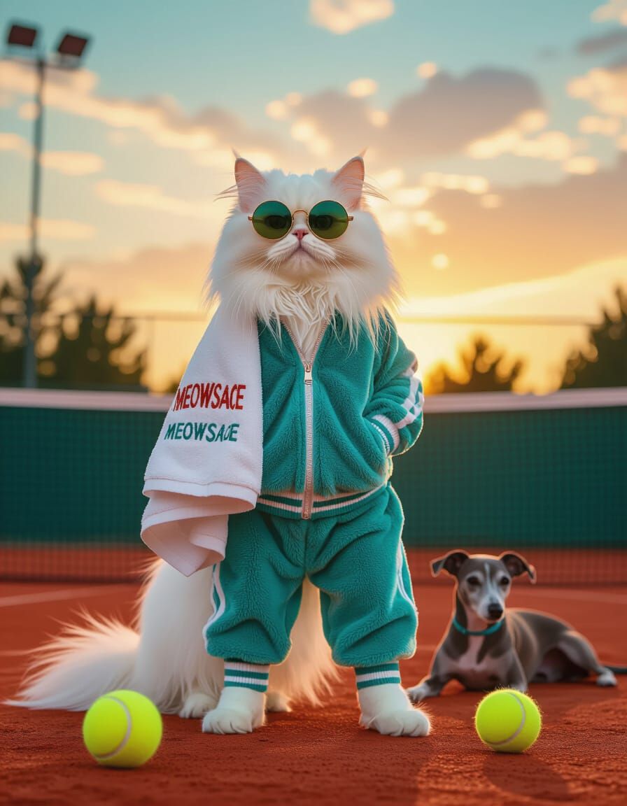 Persian Cat Tennis Champion in Painterly Realism