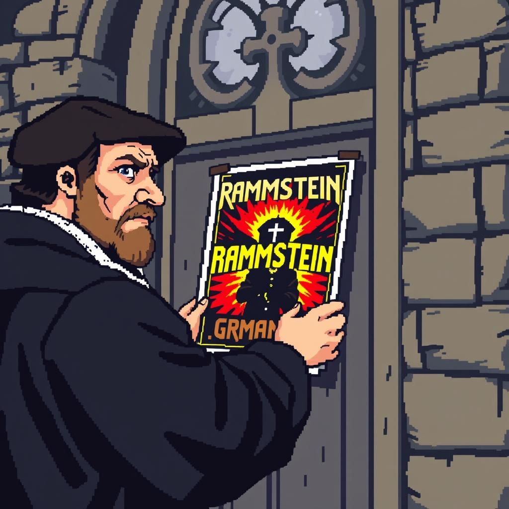 Pixel Art of Martin Luther hanging a RAMMSTEIN poster over S...