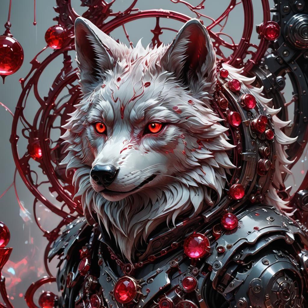 Bioluminescent Ruby Wolf Pin-up in Dark Laboratory