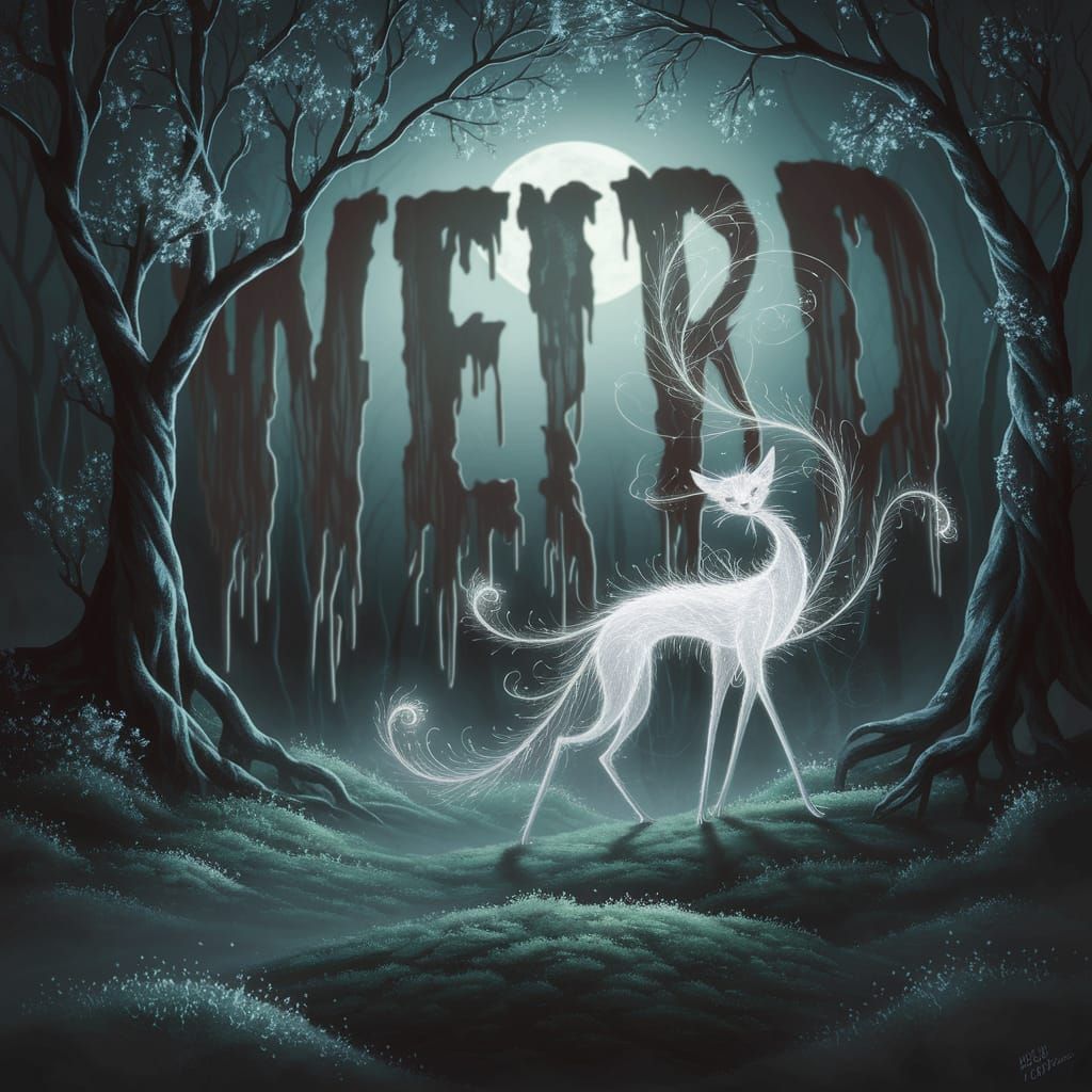 In a dreamy, moonlit forest, towering trees with slender, twisted branches and silvery, iridescent leaves shimmer like s...