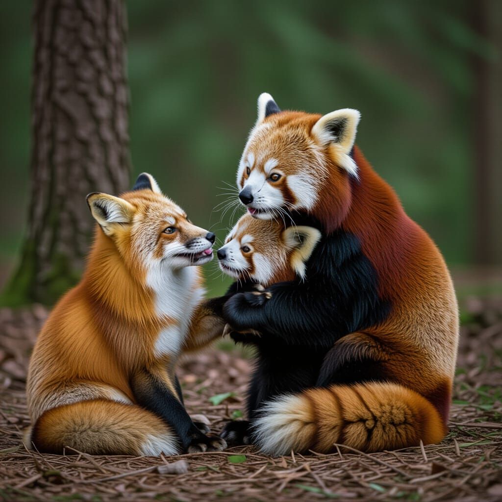 Fox and Red Panda Play in Forest
