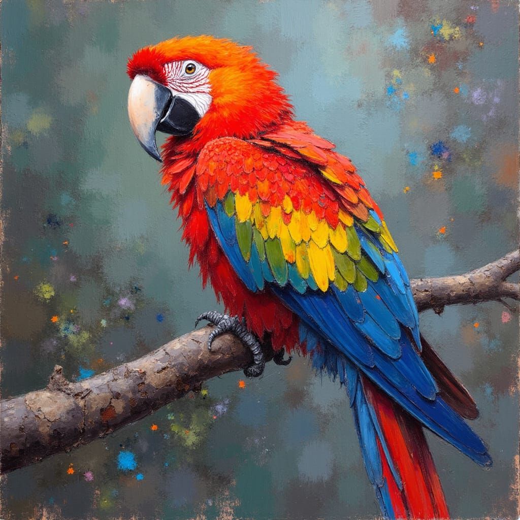 Macaw on Branch: Impressionist Chalk Art