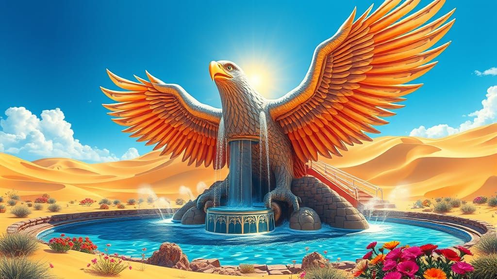 Eagle Fountain Oasis in Comic Book Art Style