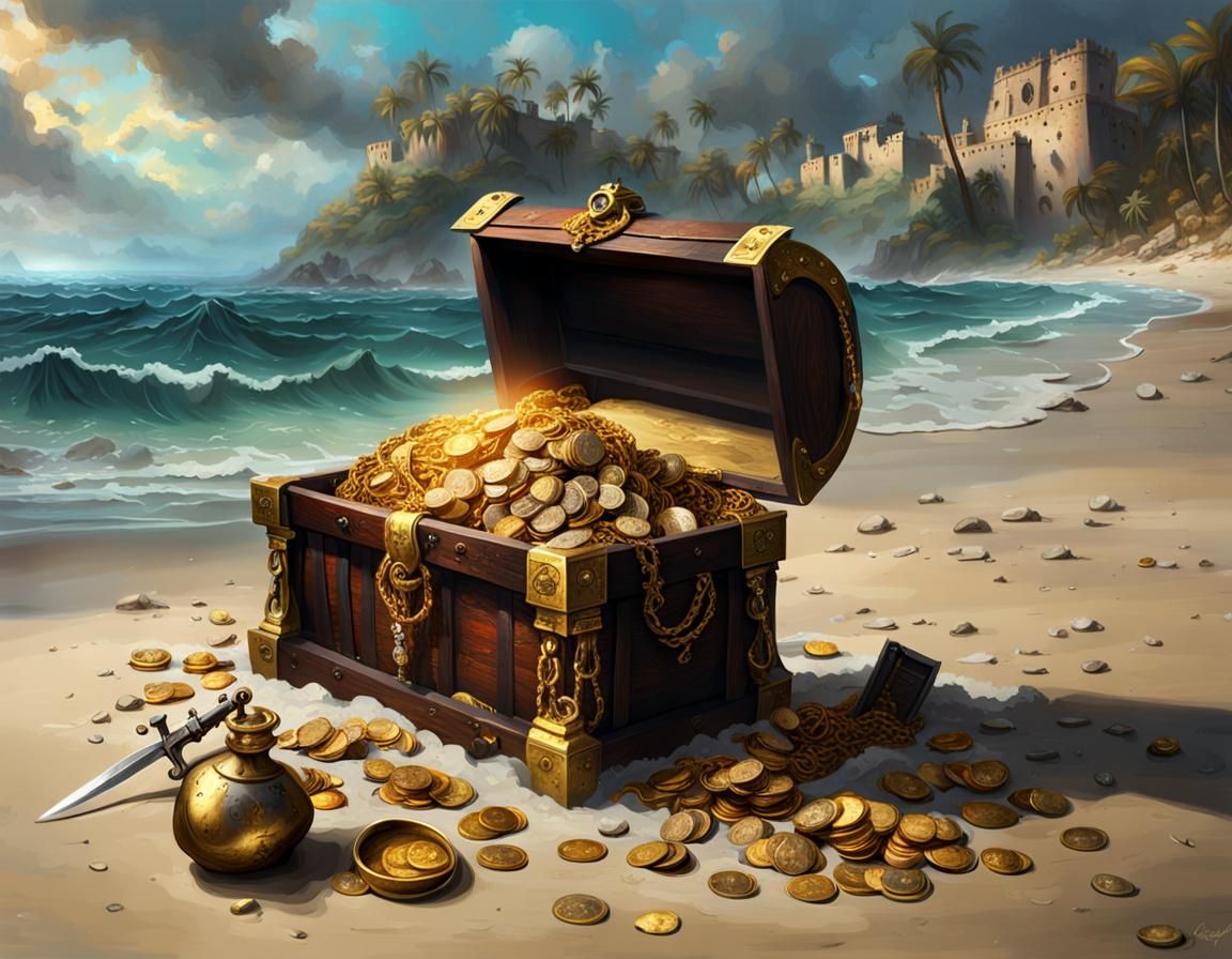 Spanish Pirate Treasure on Sandy Beach