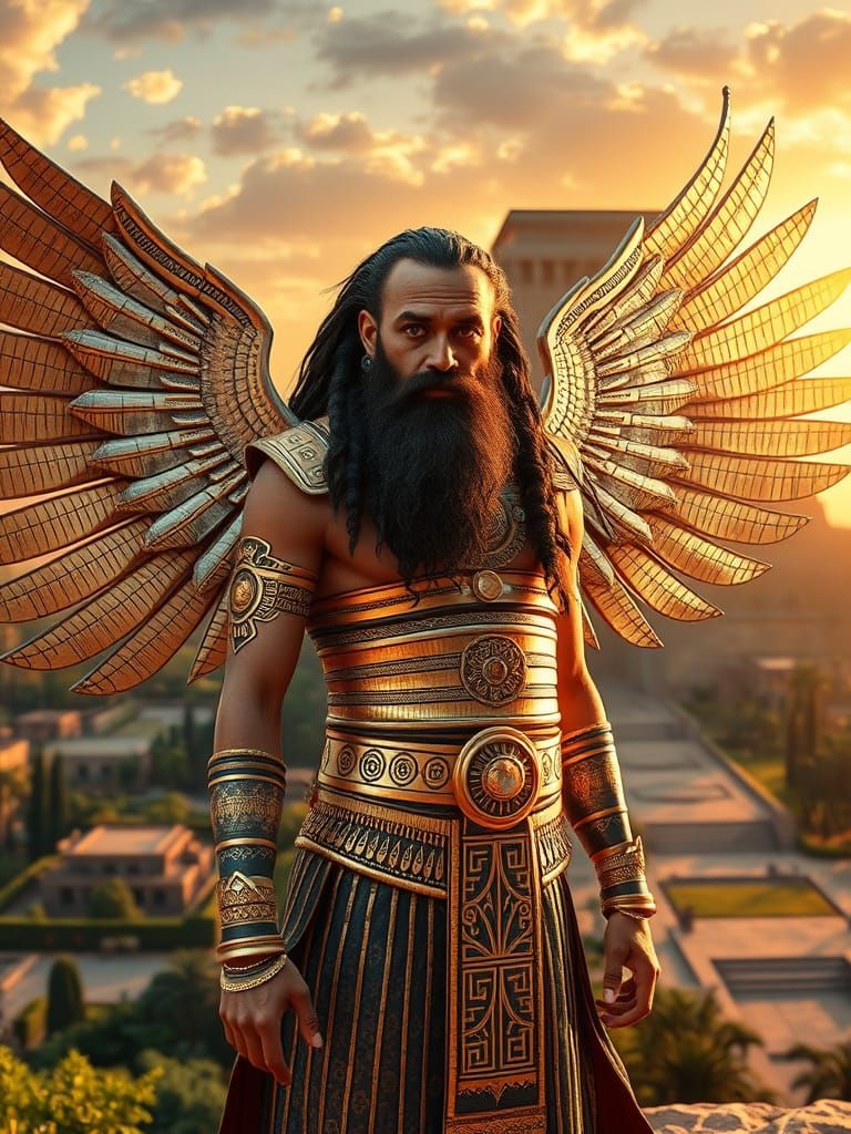 Ancient Mesopotamian God with Golden Wings and Vibrant Eye M...