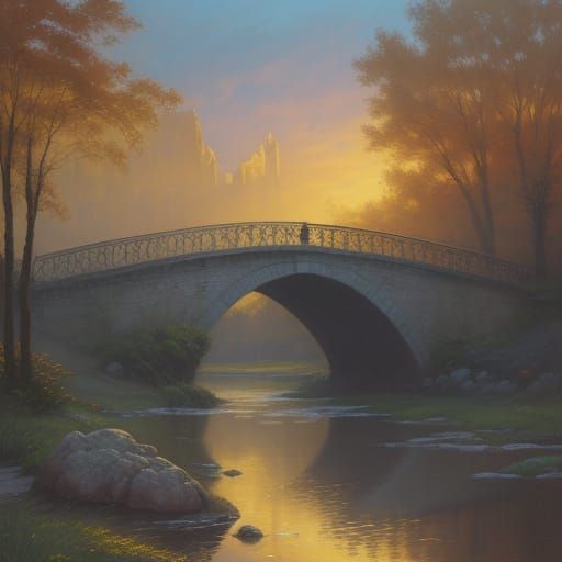 Magnificent bridge in a magical setting at dusk oil painting by James Gurney